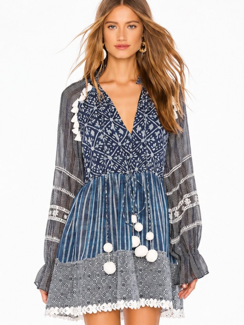 Hemant & Nandita Indigo Embroidered Mini Dress Size L Excellent